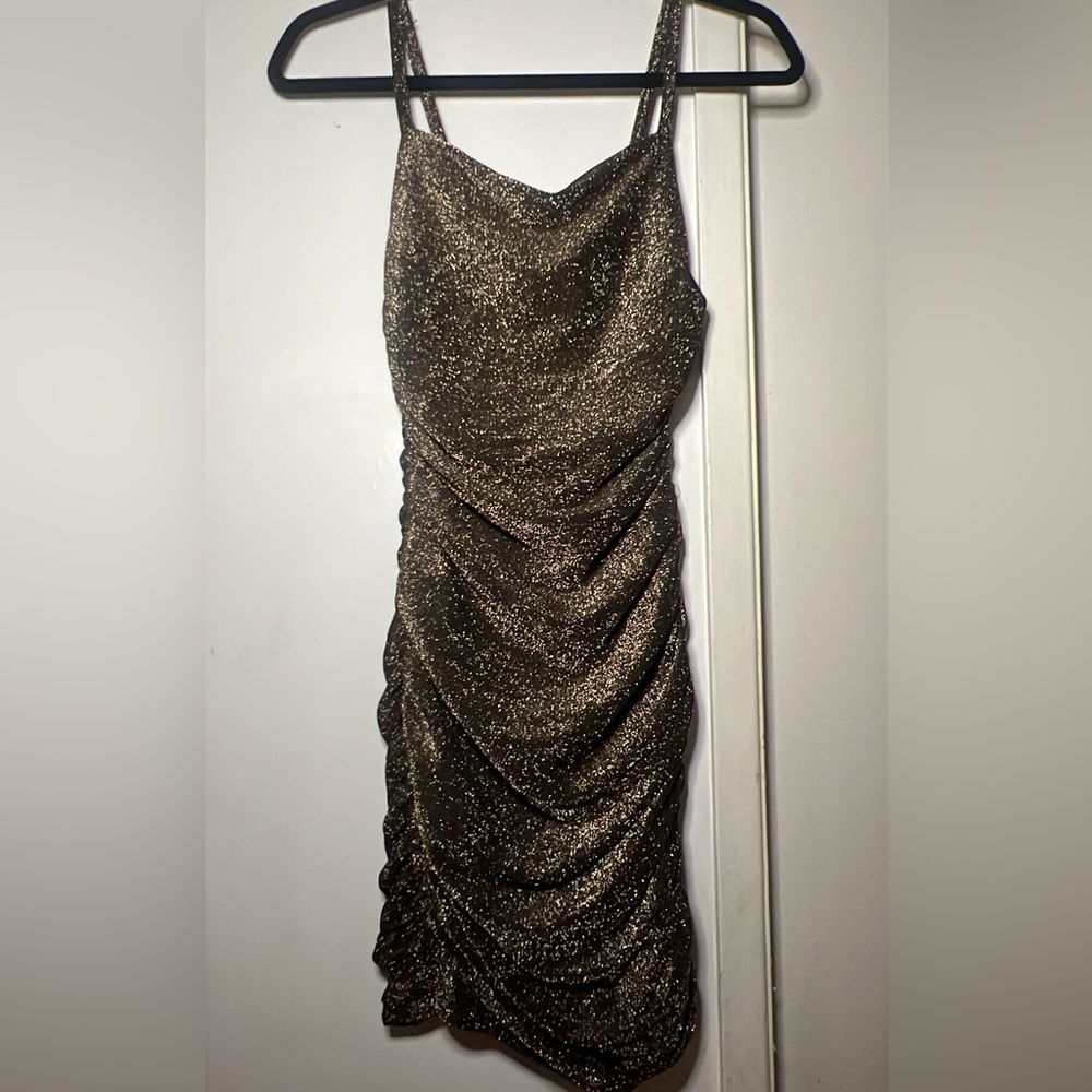 Fashion Nova Strapless Glitter Dress - Gold